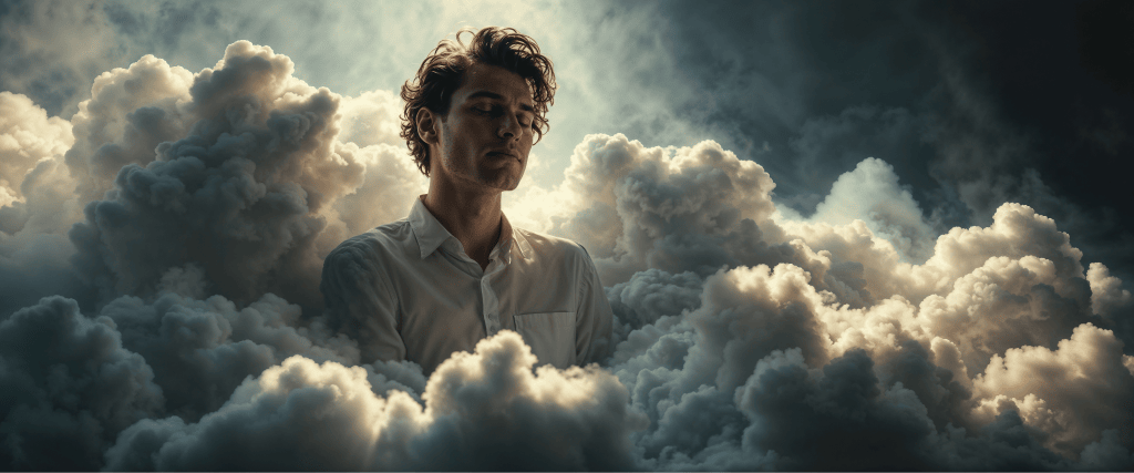 A man floating in the clouds, AI art image