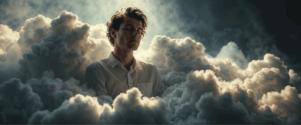 A man floating in the clouds, AI art image